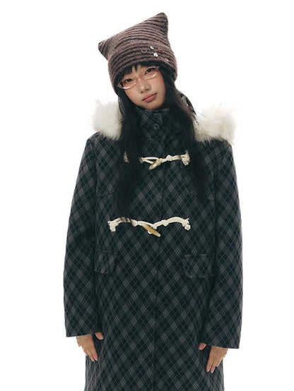 NAPSNAPS Vintage Plaid Detachable Fur Hood Toggle Women&