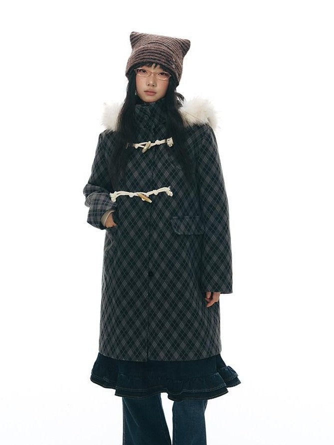 NAPSNAPS Vintage Plaid Detachable Fur Hood Toggle Women&