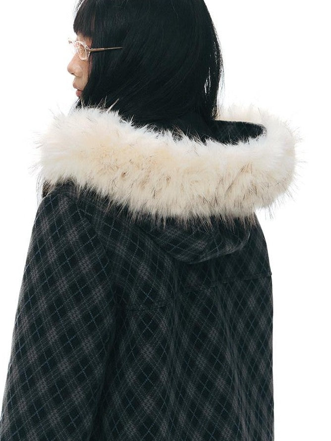 NAPSNAPS Vintage Plaid Detachable Fur Hood Toggle Women&