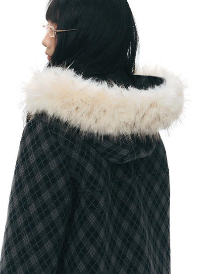 NAPSNAPS Vintage Plaid Detachable Fur Hood Toggle Women&