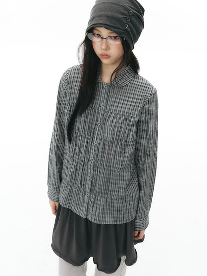NAPSNAPS Vintage Plaid Doll Collar Pleated Cinched Waist Women&