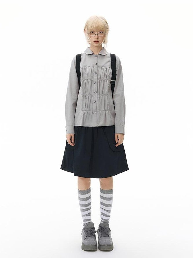 NAPSNAPS Vintage Plaid Doll Collar Pleated Cinched Waist Women&