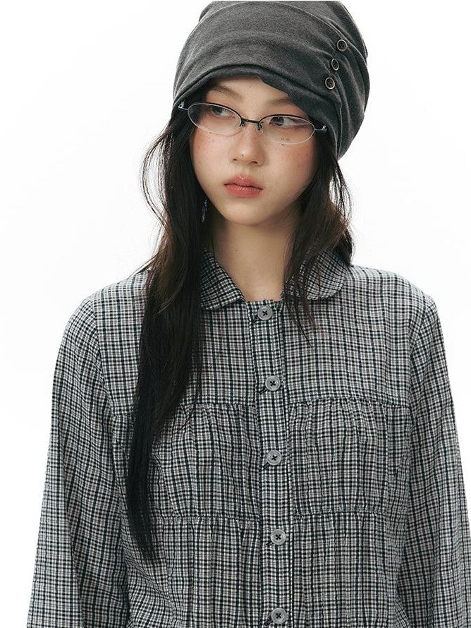 NAPSNAPS Vintage Plaid Doll Collar Pleated Cinched Waist Women&