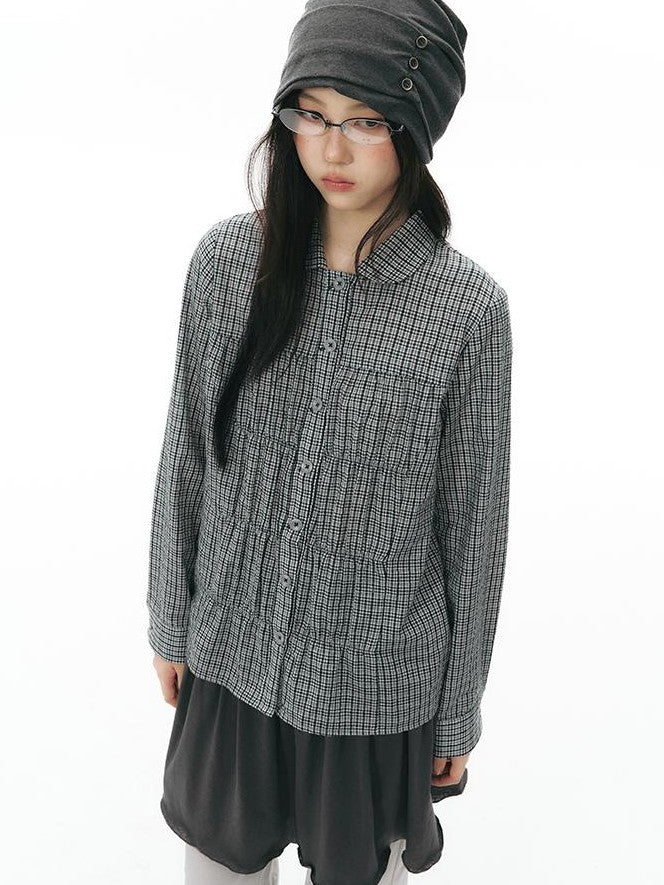 NAPSNAPS Vintage Plaid Doll Collar Pleated Cinched Waist Women&