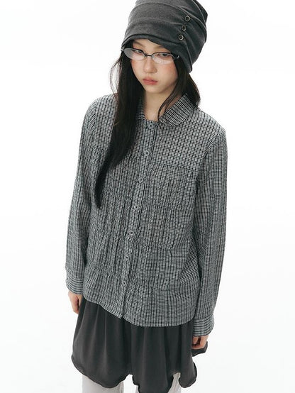 NAPSNAPS Vintage Plaid Doll Collar Pleated Cinched Waist Women&