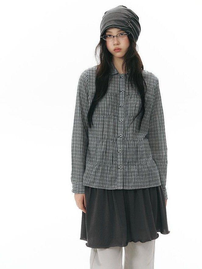 NAPSNAPS Vintage Plaid Doll Collar Pleated Cinched Waist Women&