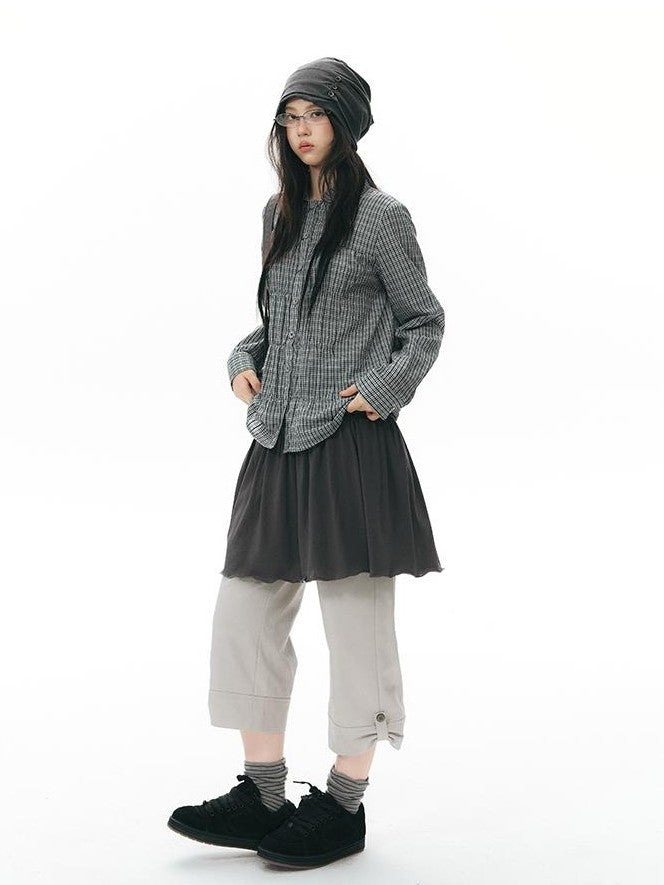 NAPSNAPS Vintage Plaid Doll Collar Pleated Cinched Waist Women&