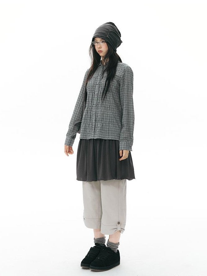 NAPSNAPS Vintage Plaid Doll Collar Pleated Cinched Waist Women&
