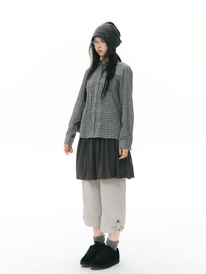 NAPSNAPS Vintage Plaid Doll Collar Pleated Cinched Waist Women&