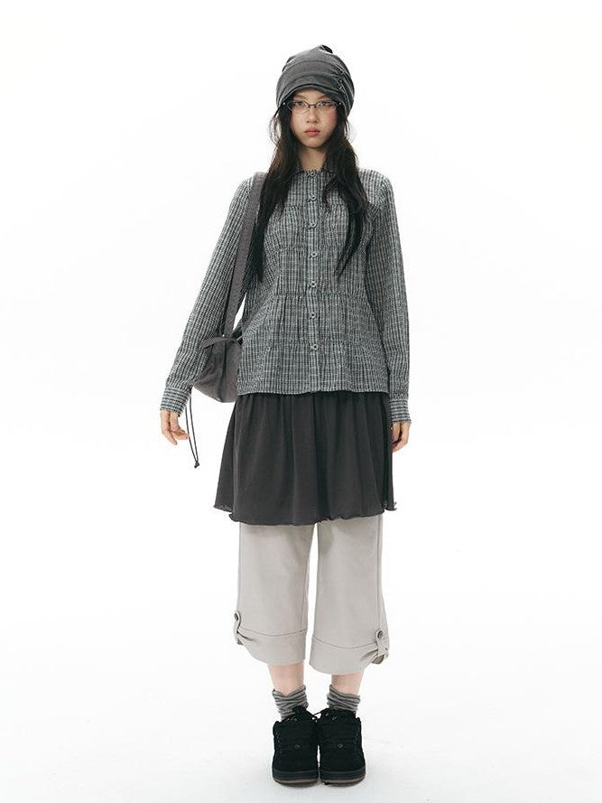 NAPSNAPS Vintage Plaid Doll Collar Pleated Cinched Waist Women&