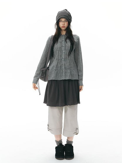 NAPSNAPS Vintage Plaid Doll Collar Pleated Cinched Waist Women&