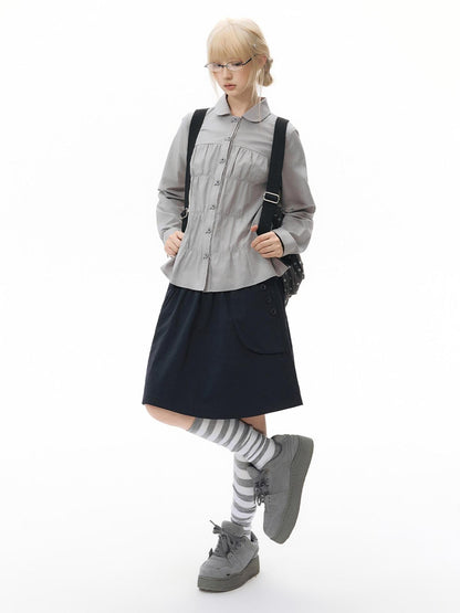 NAPSNAPS Vintage Plaid Doll Collar Pleated Cinched Waist Women&