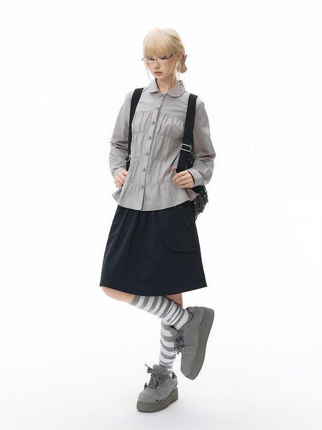 NAPSNAPS Vintage Plaid Doll Collar Pleated Cinched Waist Women&