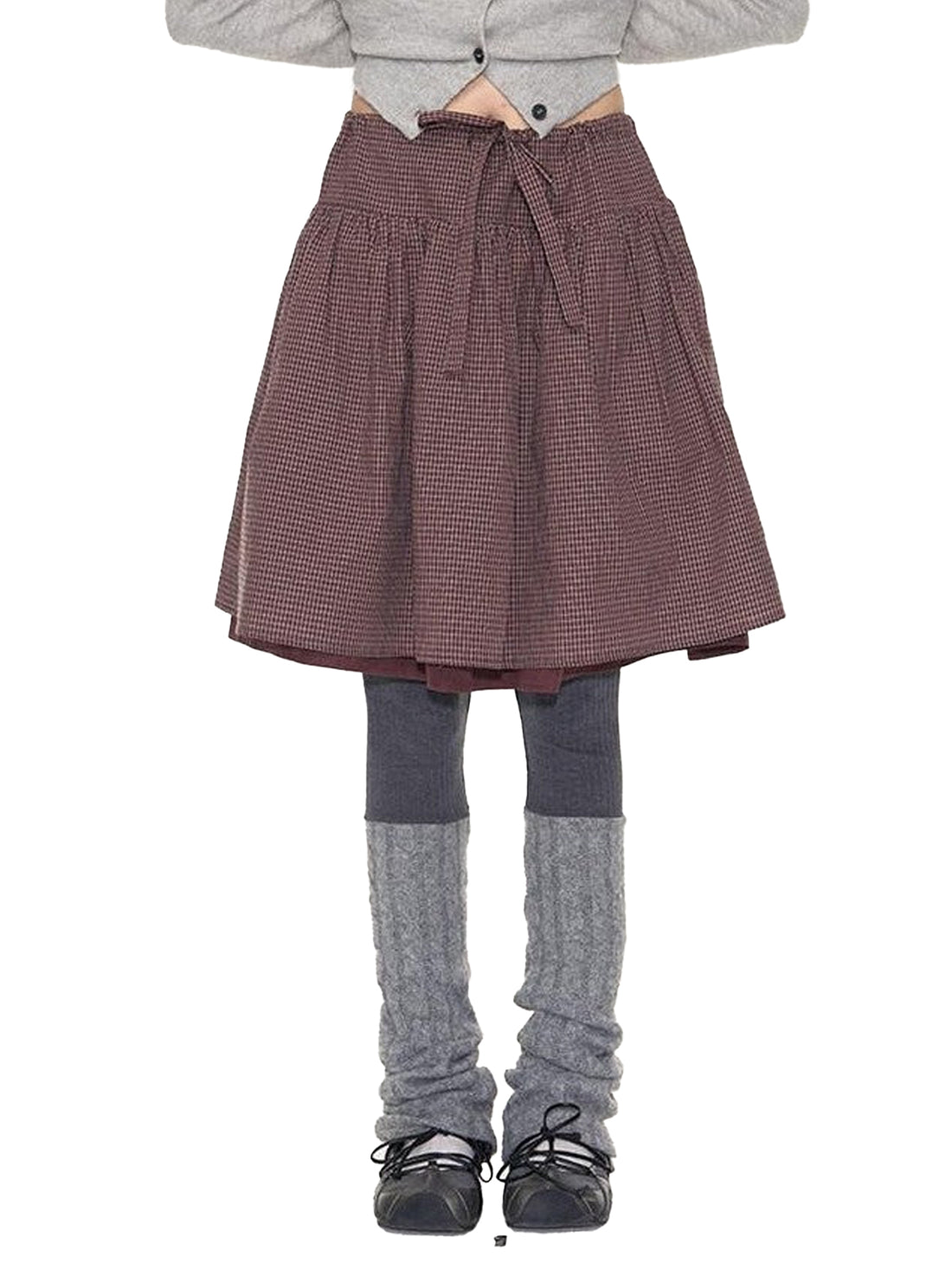 NAPSNAPS Vintage Plaid Double Layer High Waist Tie Women&
