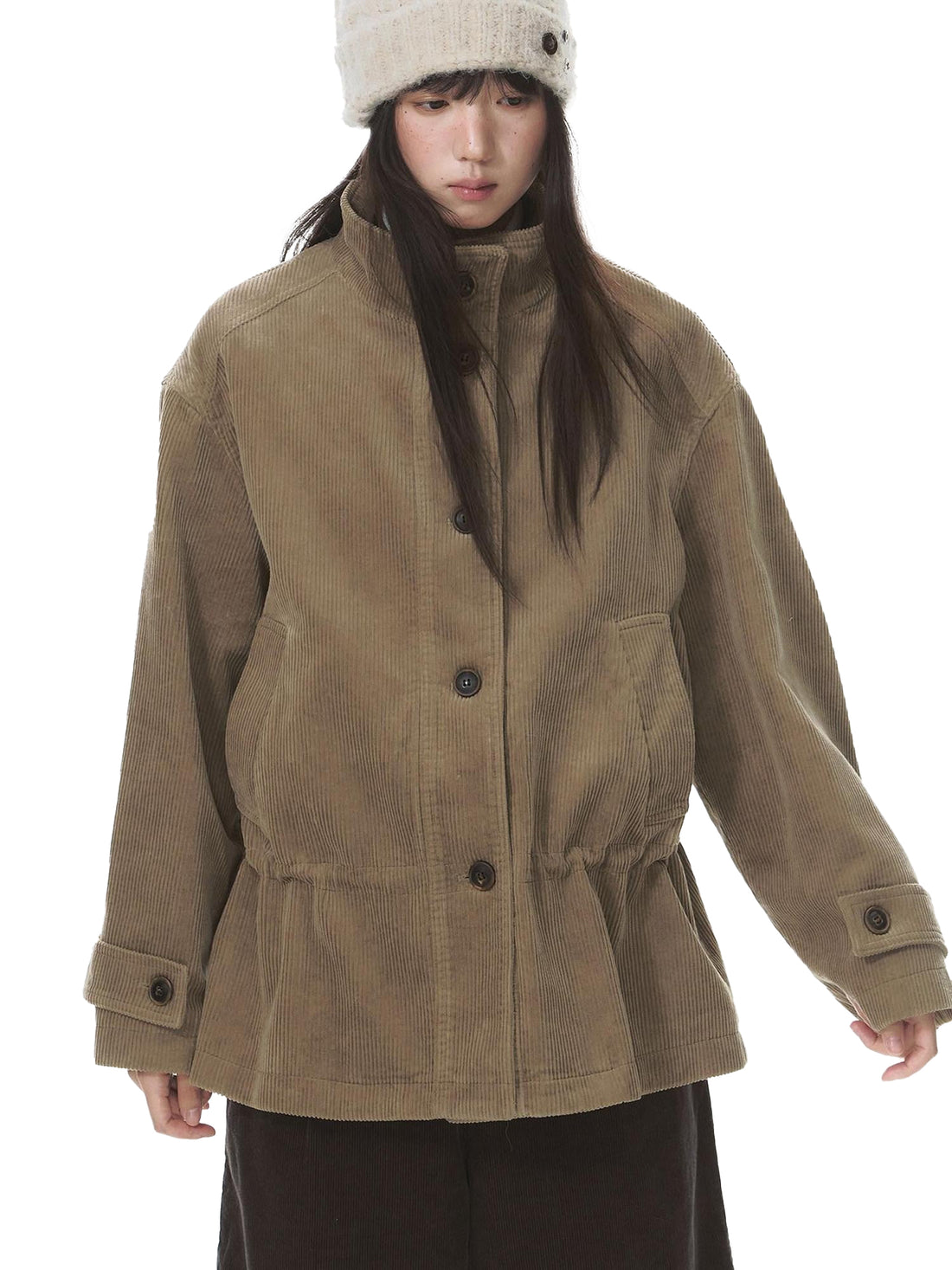 NAPSNAPS Vintage Pleated Stand Collar Multi Pocket Women&