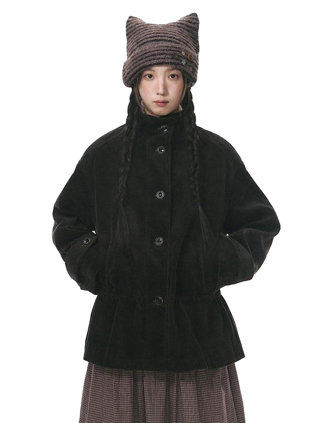 NAPSNAPS Vintage Pleated Stand Collar Multi Pocket Women&
