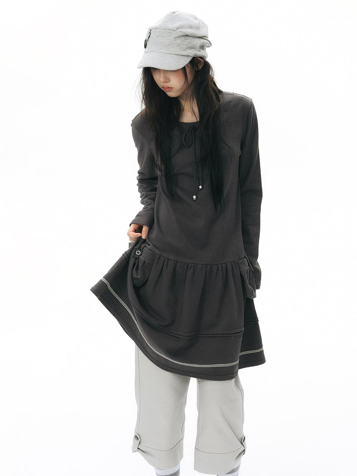 NAPSNAPS Vintage Ribbed Waist Large Pocket Pleated Rolled Hem Women&