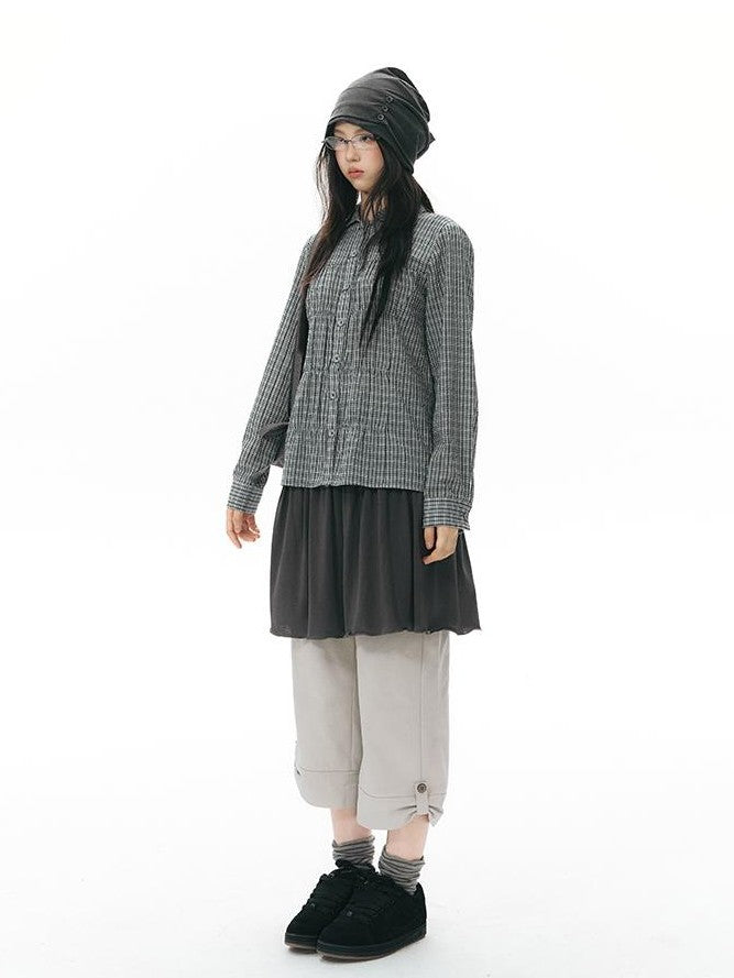 NAPSNAPS Vintage Ribbed Waist Large Pocket Pleated Rolled Hem Women&