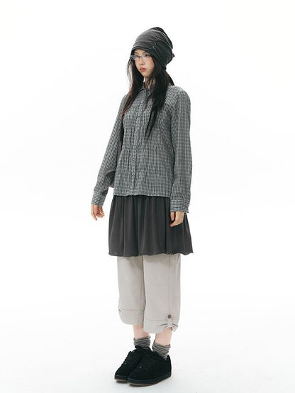 NAPSNAPS Vintage Ribbed Waist Large Pocket Pleated Rolled Hem Women&