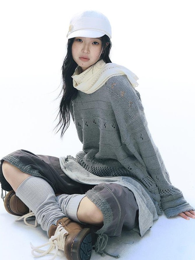 NAPSNAPS Vintage Scallop Hem Openwork Round Neck Loose Women&