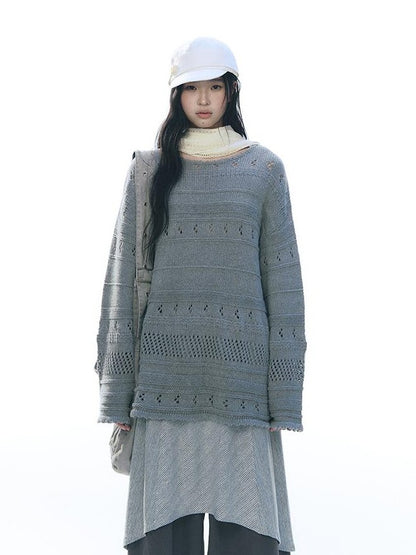 NAPSNAPS Vintage Scallop Hem Openwork Round Neck Loose Women&