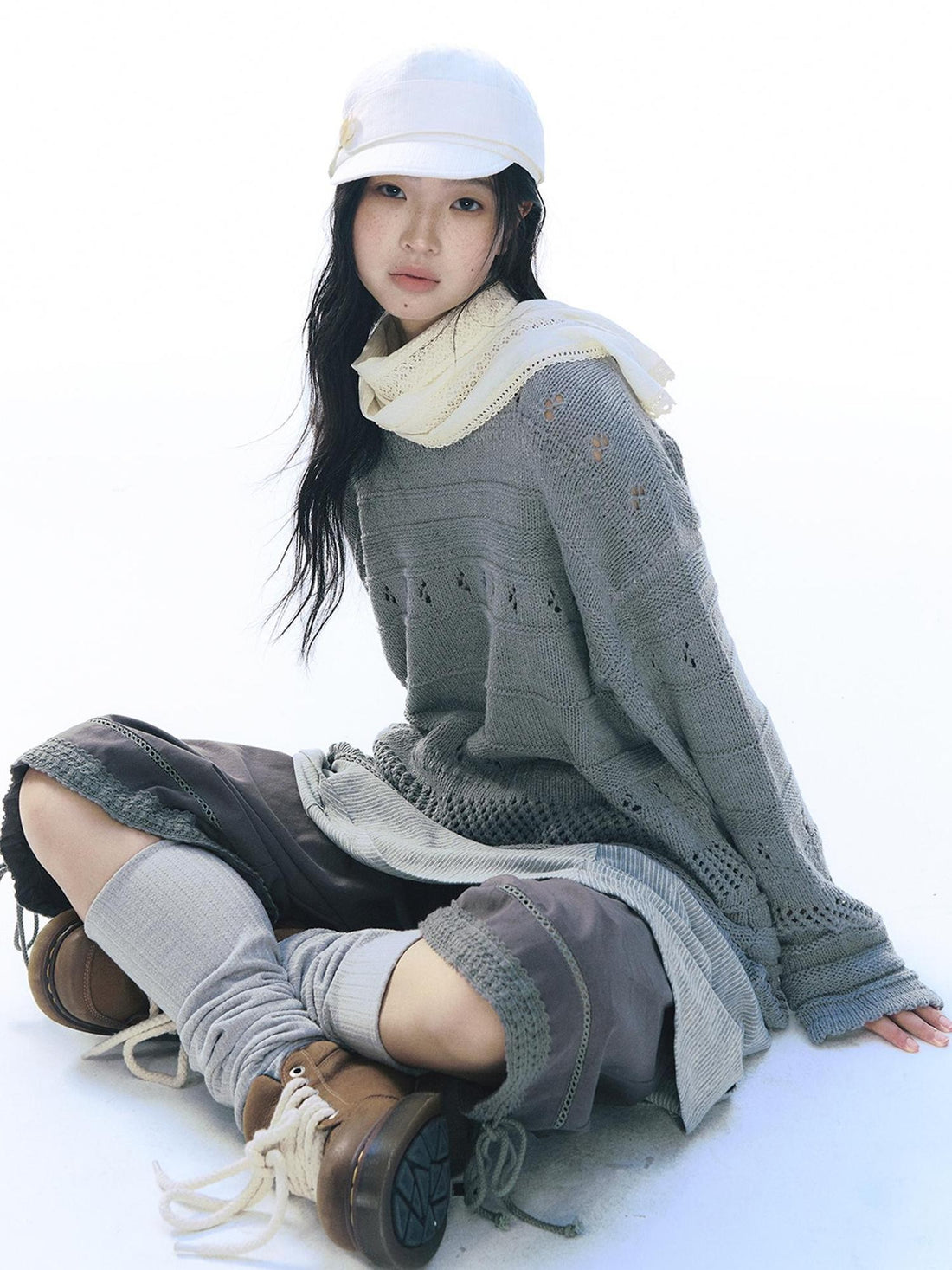 NAPSNAPS Vintage Scallop Hem Openwork Round Neck Loose Women&
