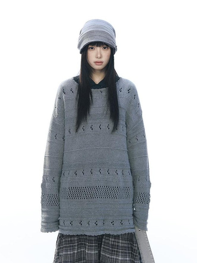 NAPSNAPS Vintage Scallop Hem Openwork Round Neck Loose Women&