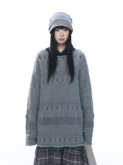 NAPSNAPS Vintage Scallop Hem Openwork Round Neck Loose Women&