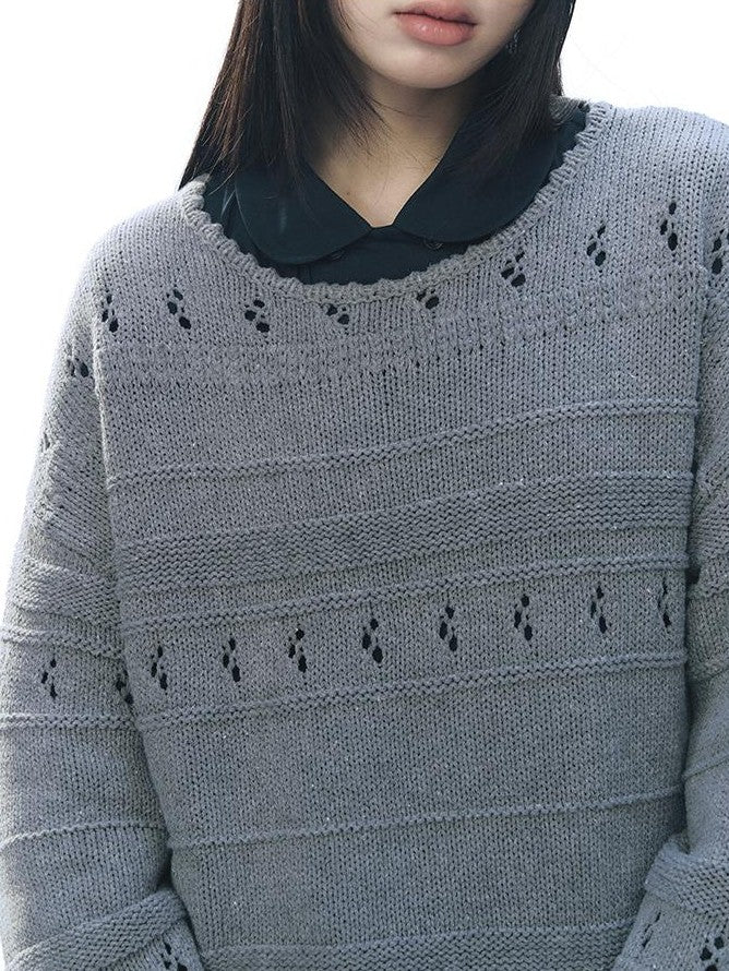 NAPSNAPS Vintage Scallop Hem Openwork Round Neck Loose Women&