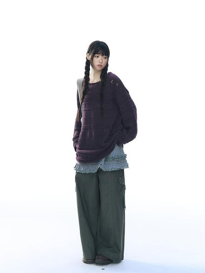 NAPSNAPS Vintage Scallop Hem Openwork Round Neck Loose Women&