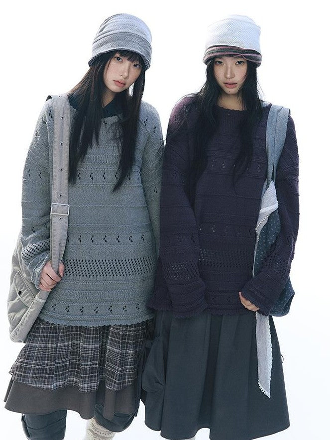 NAPSNAPS Vintage Scallop Hem Openwork Round Neck Loose Women&
