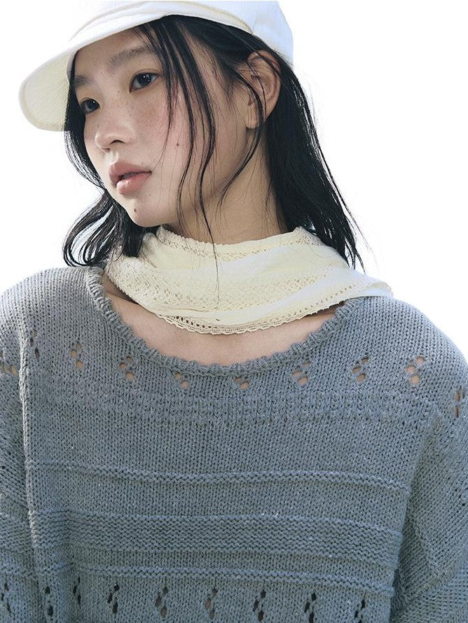 NAPSNAPS Vintage Scallop Hem Openwork Round Neck Loose Women&