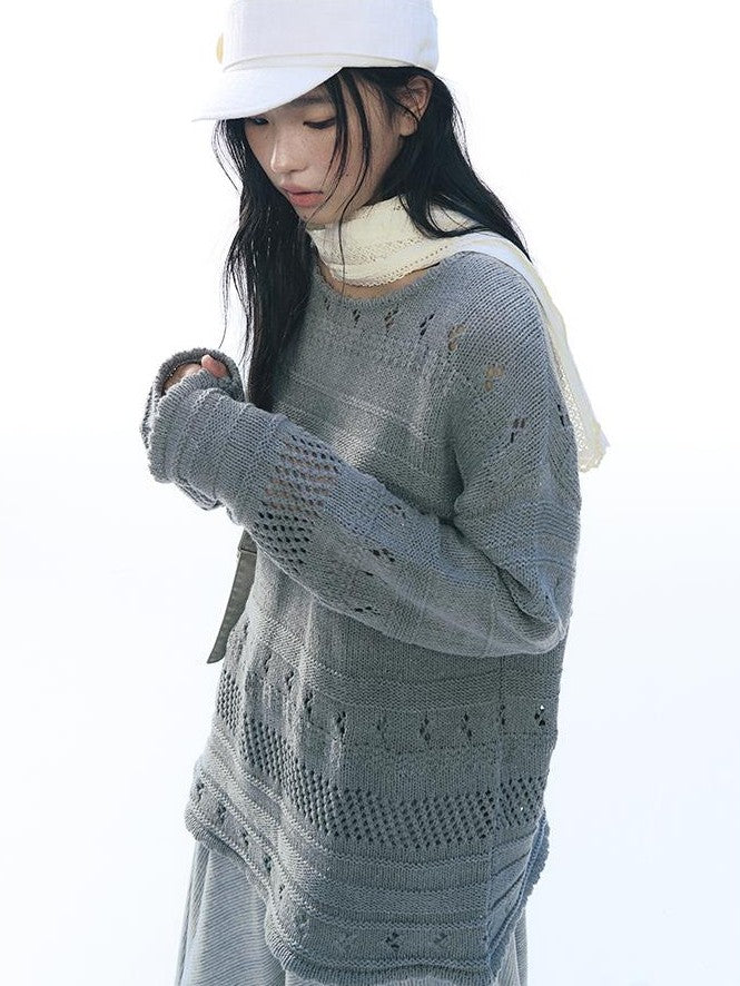 NAPSNAPS Vintage Scallop Hem Openwork Round Neck Loose Women&