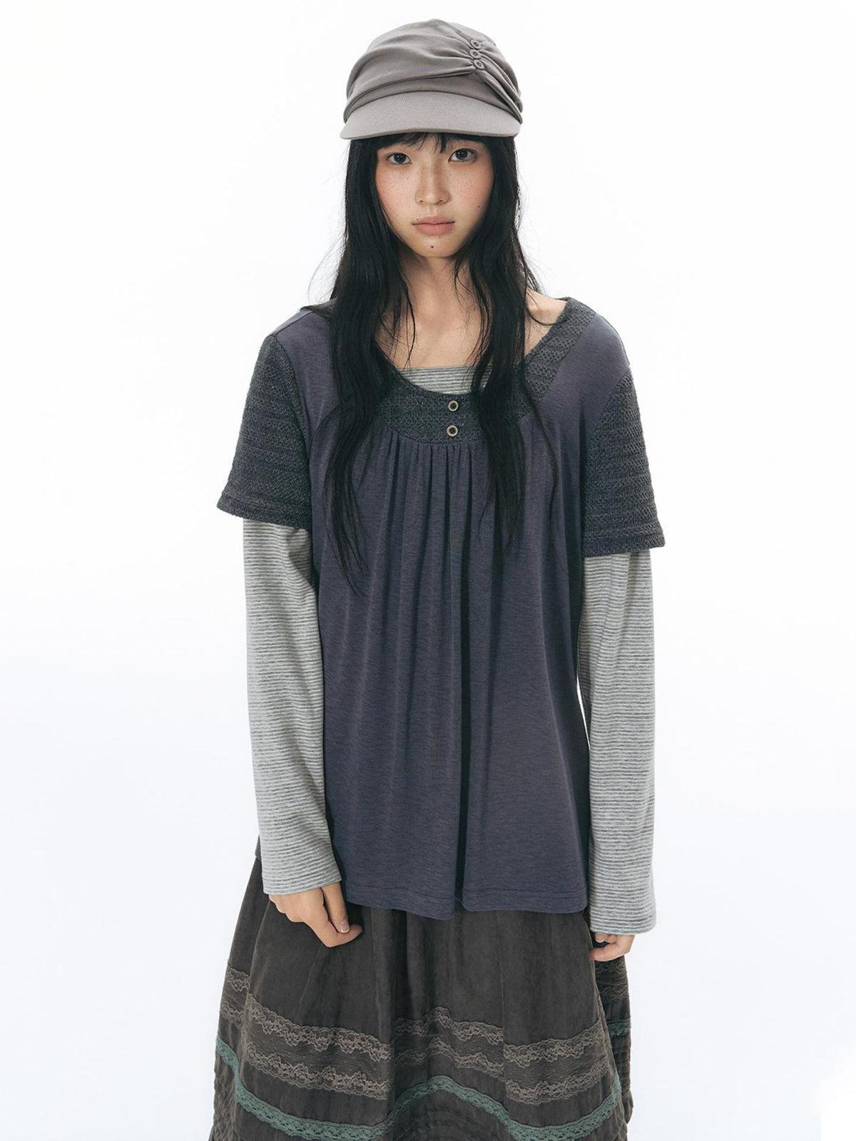 NAPSNAPS Vintage Spliced Faux Layered Round Neck Women&