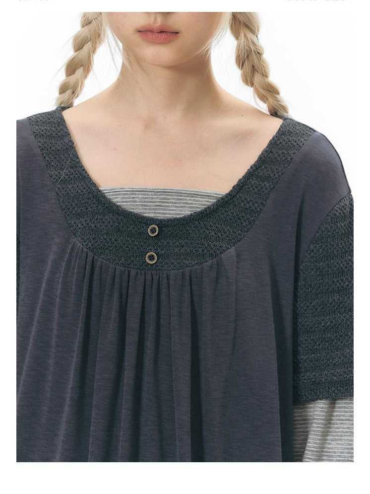 NAPSNAPS Vintage Spliced Faux Layered Round Neck Women&