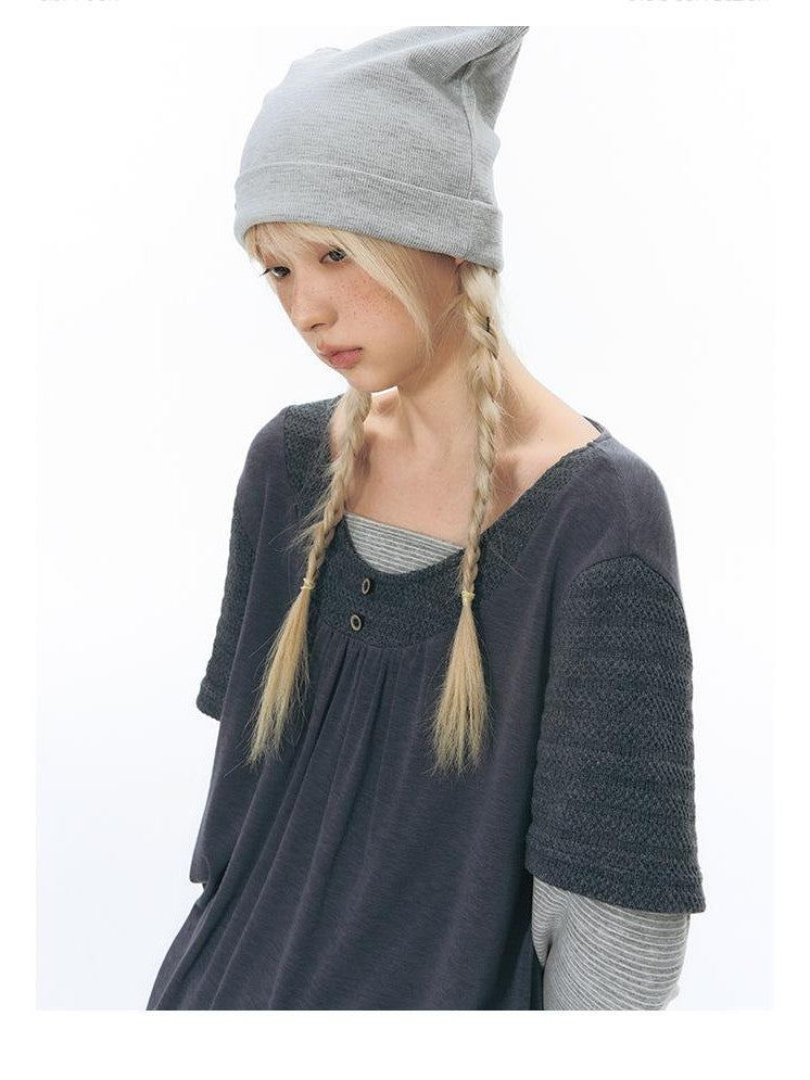 NAPSNAPS Vintage Spliced Faux Layered Round Neck Women&