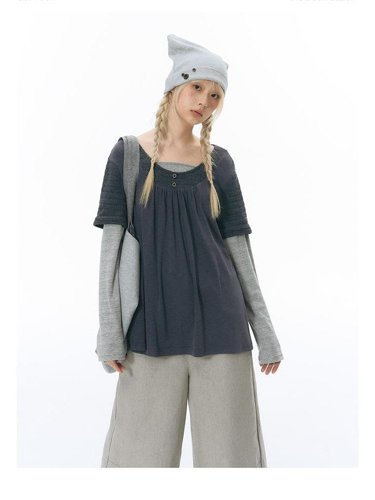 NAPSNAPS Vintage Spliced Faux Layered Round Neck Women&