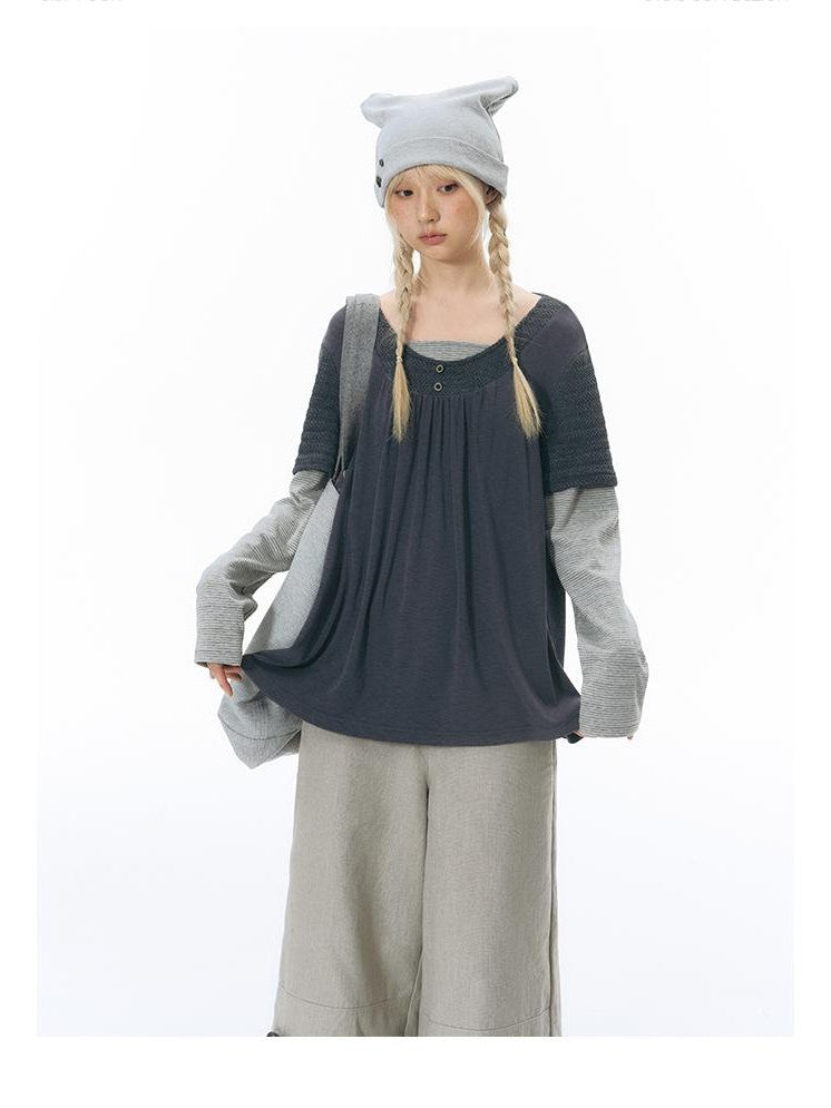 NAPSNAPS Vintage Spliced Faux Layered Round Neck Women&