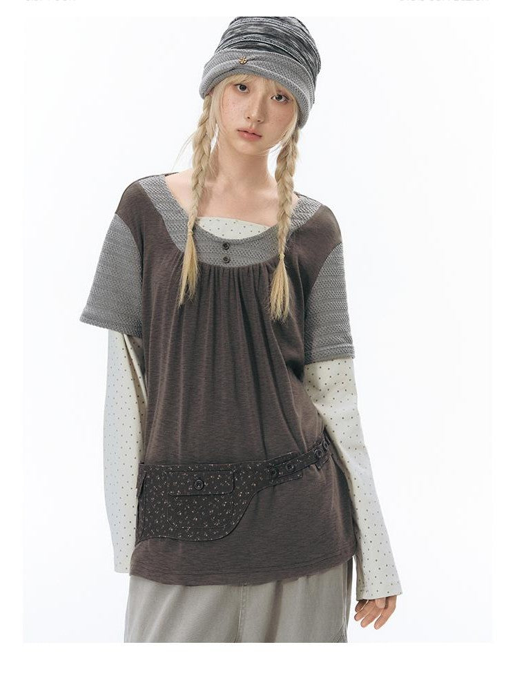 NAPSNAPS Vintage Spliced Faux Layered Round Neck Women&