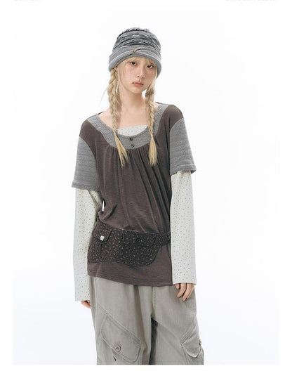 NAPSNAPS Vintage Spliced Faux Layered Round Neck Women&