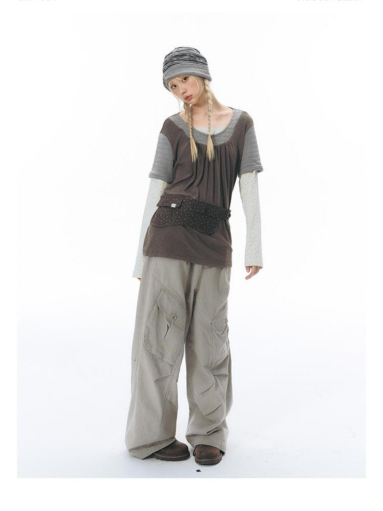 NAPSNAPS Vintage Spliced Faux Layered Round Neck Women&