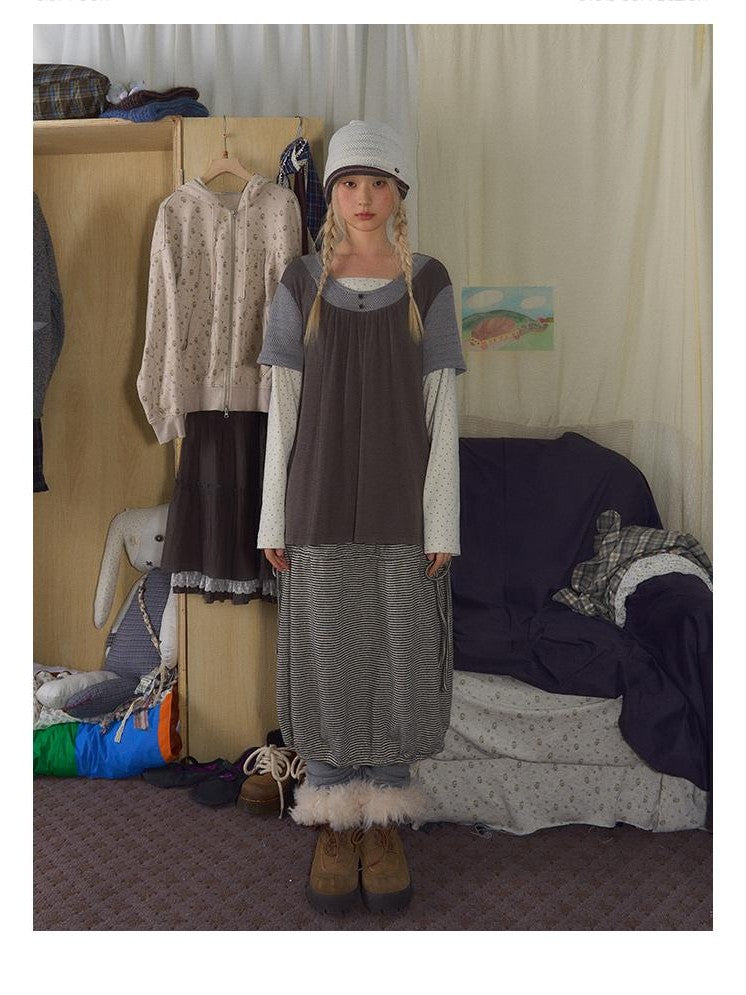 NAPSNAPS Vintage Spliced Faux Layered Round Neck Women&