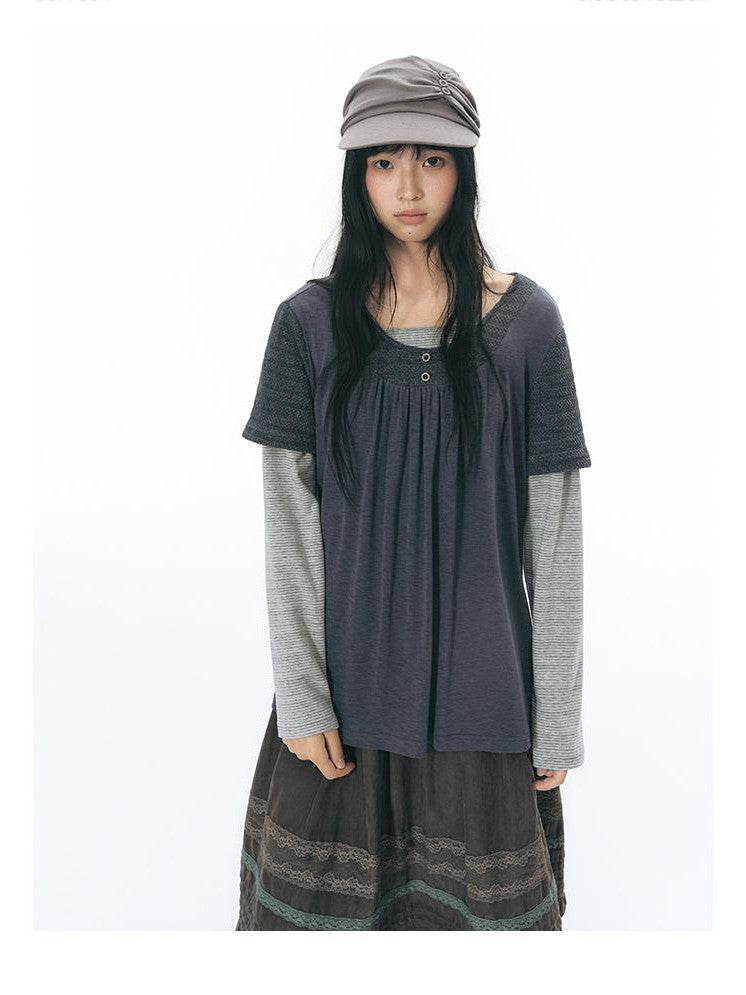 NAPSNAPS Vintage Spliced Faux Layered Round Neck Women&