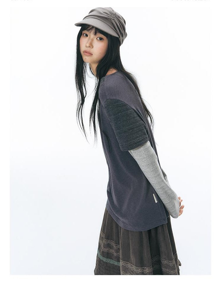 NAPSNAPS Vintage Spliced Faux Layered Round Neck Women&