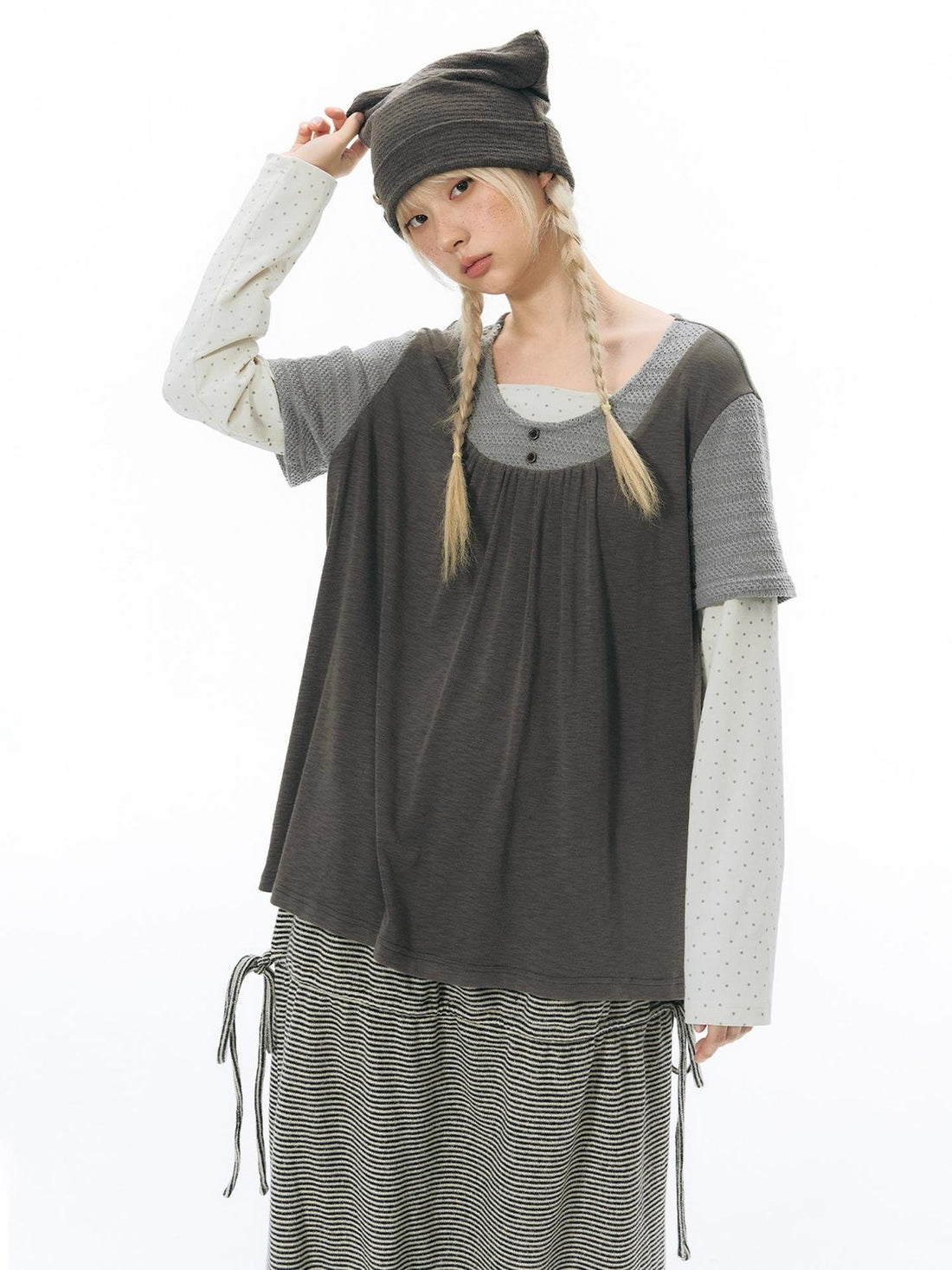 NAPSNAPS Vintage Spliced Faux Layered Round Neck Women&