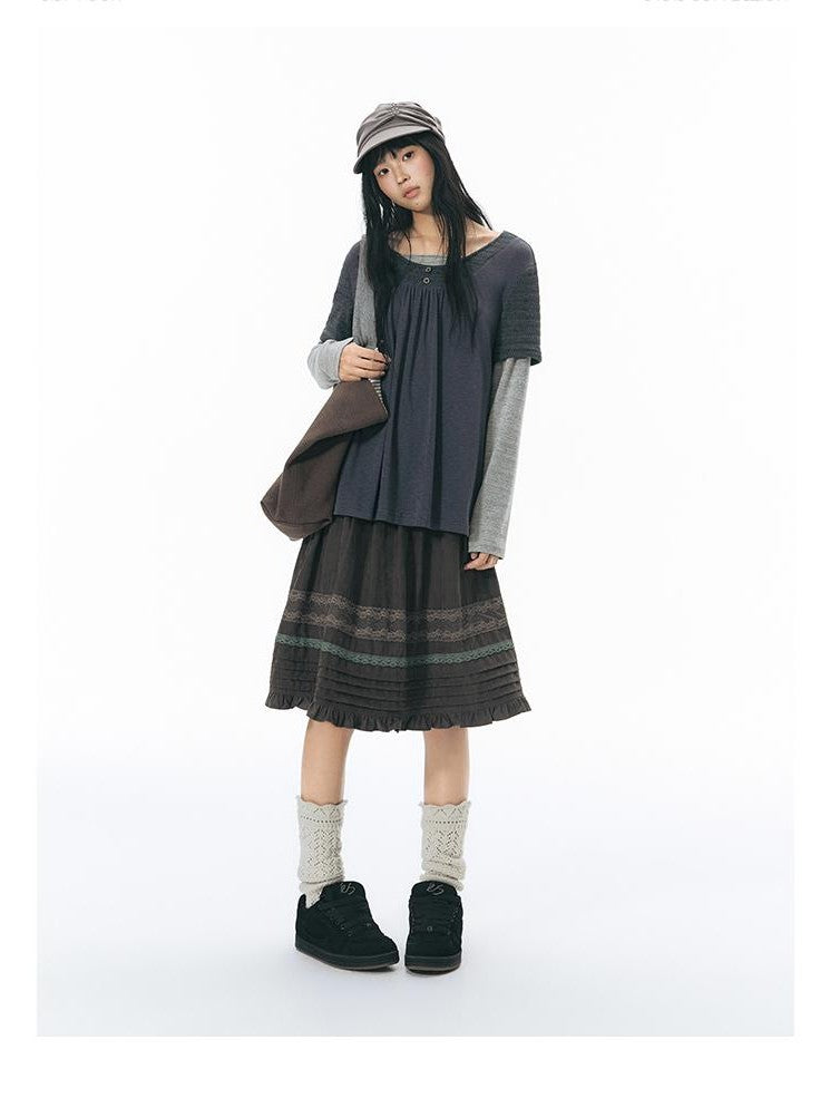 NAPSNAPS Vintage Spliced Faux Layered Round Neck Women&