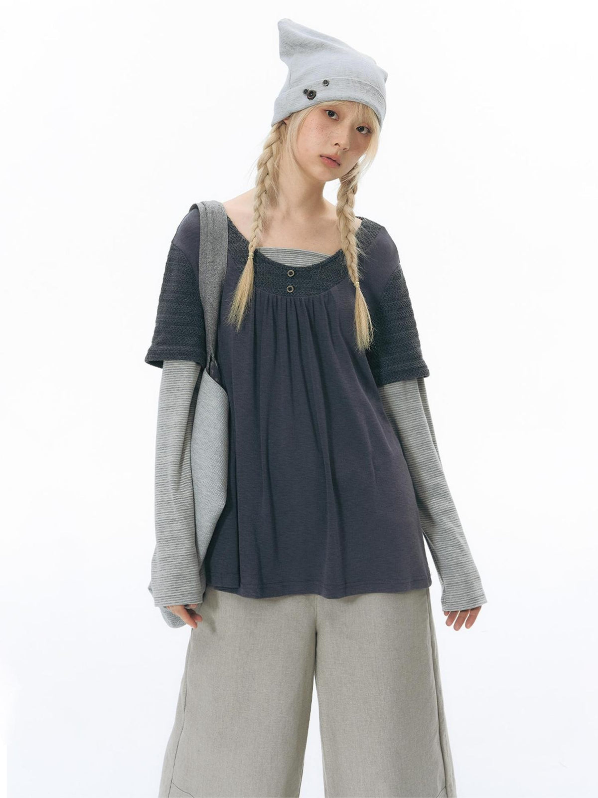 NAPSNAPS Vintage Spliced Faux Layered Round Neck Women&