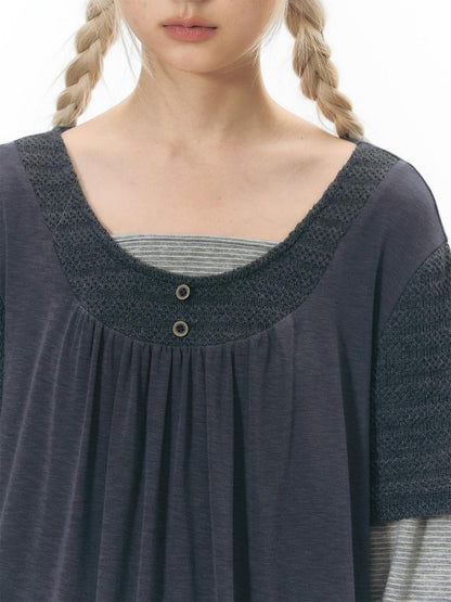 NAPSNAPS Vintage Spliced Faux Layered Round Neck Women&