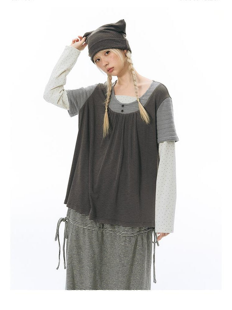 NAPSNAPS Vintage Spliced Faux Layered Round Neck Women&