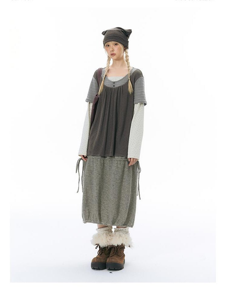 NAPSNAPS Vintage Spliced Faux Layered Round Neck Women&